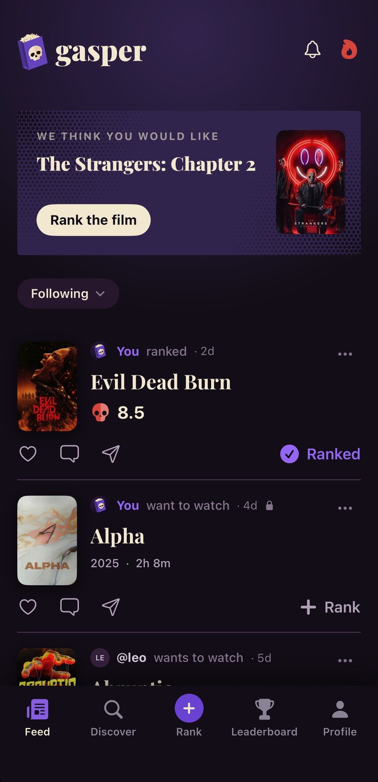 The Gasper feed: rankings and want-to-watches from people you follow.